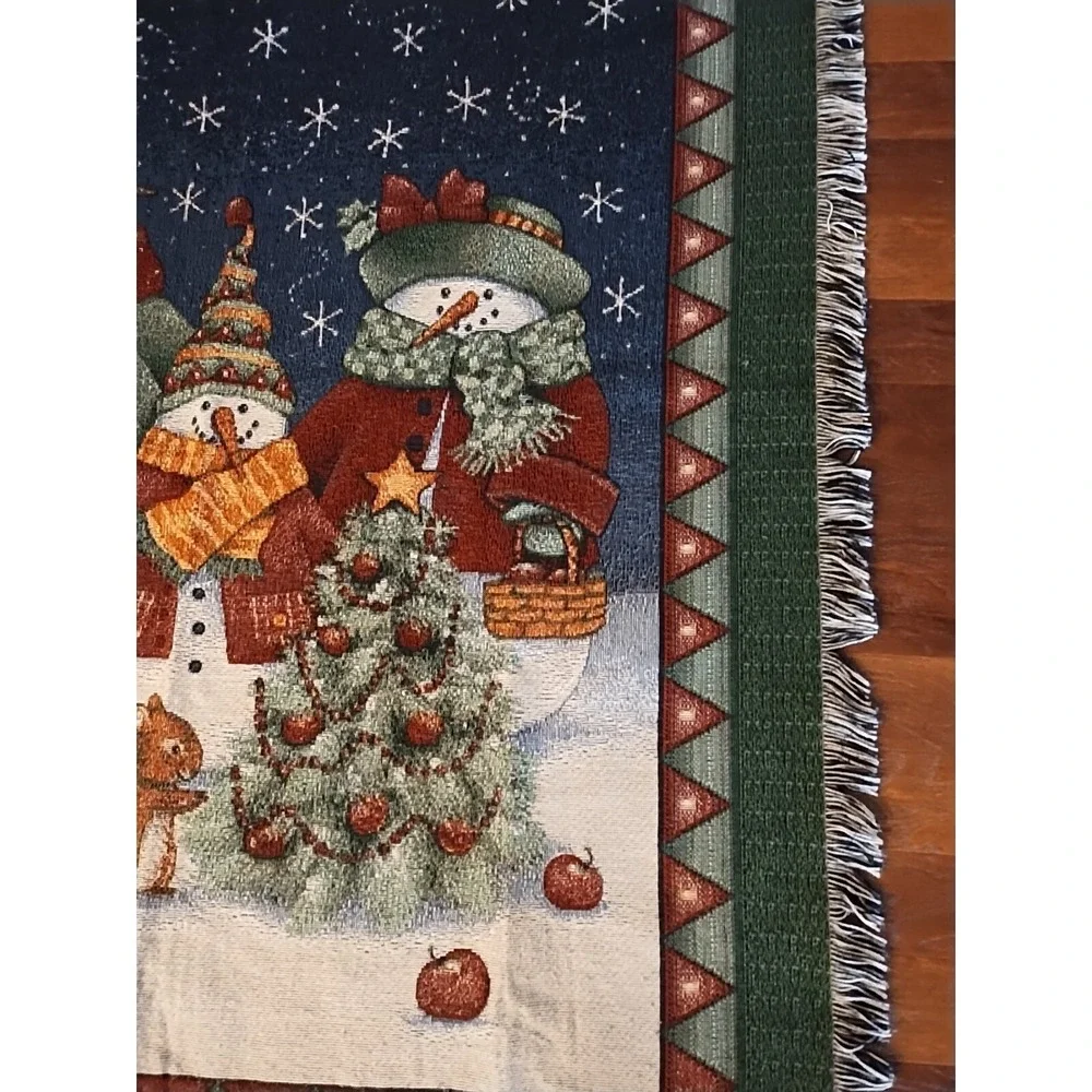 Snowman Winter Blanket Snowflakes Throw Fringed Vintage 51 X 58  2 Throw Pillows